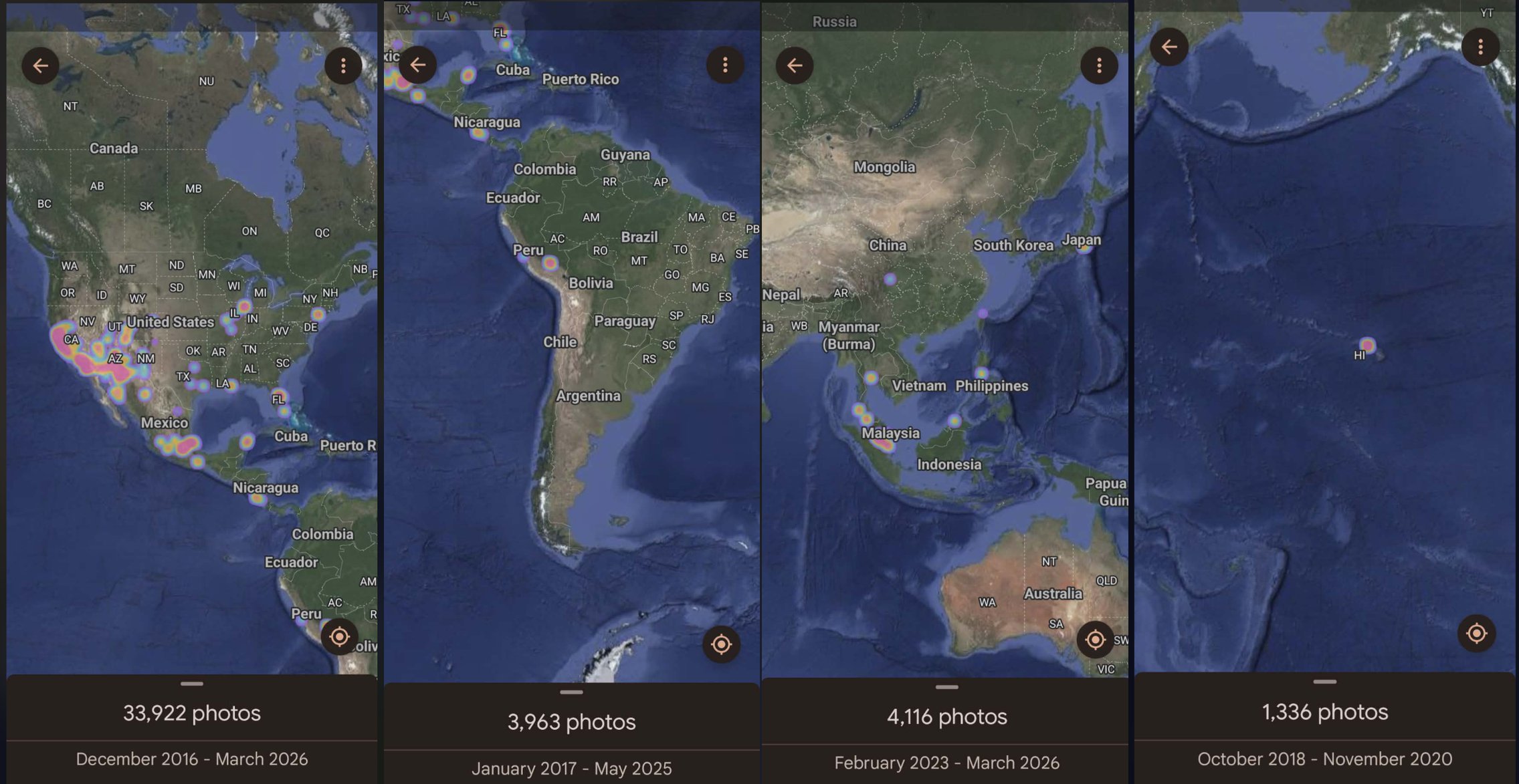 Heatmap panorama: Americas, Europe, Southeast Asia, Pacific — 10,000+ geotagged data points across 4 continents from December 2016 to March 2026