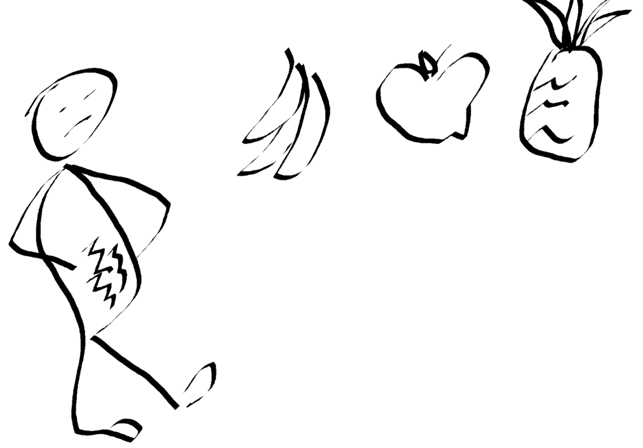 Hungry avatar with lightning bolt stomach — three food icons: banana, apple, carrot — each one a training assignment waiting to be dispatched