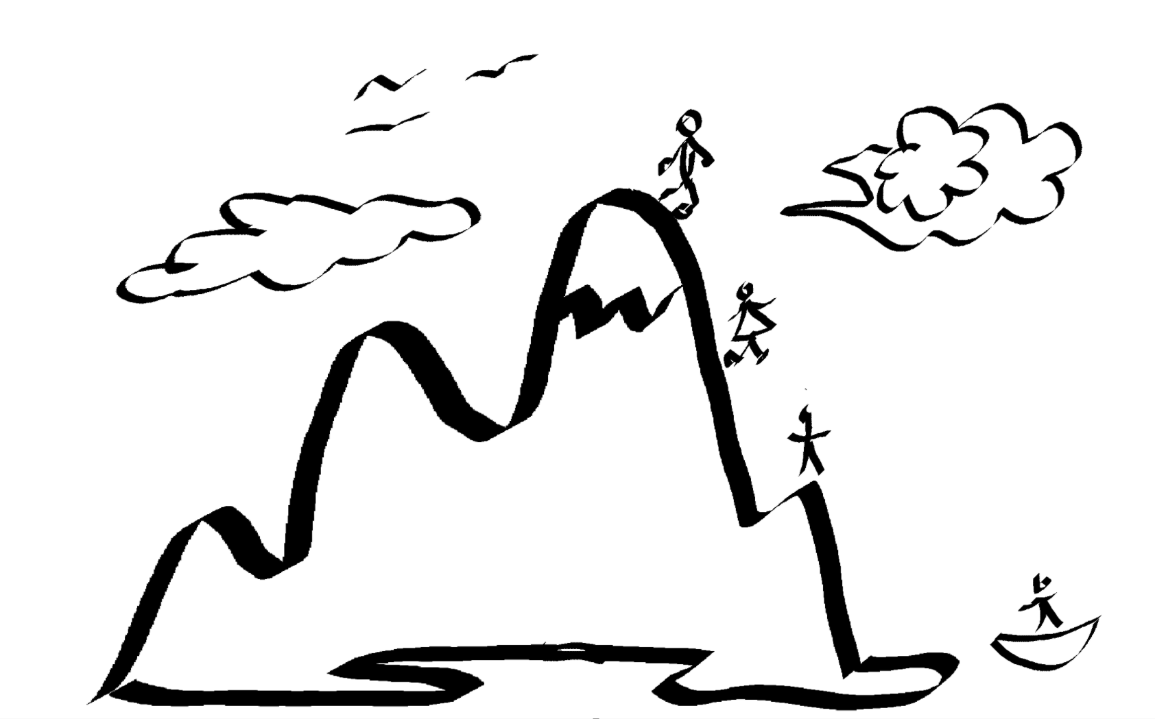 The Mountain — supervisor at the summit, team ascending at different elevations, a newcomer arriving by boat